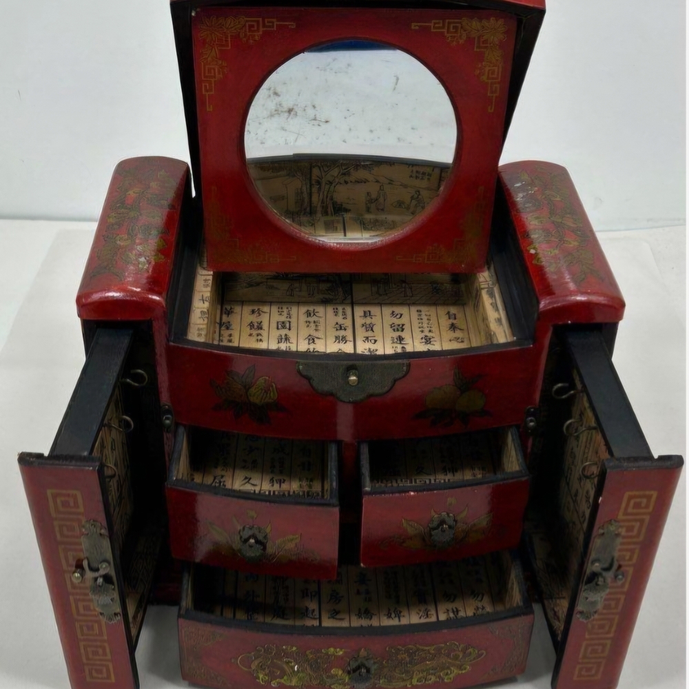 Vintage Red Jewelry Box with Oriental Dragon Floral Design